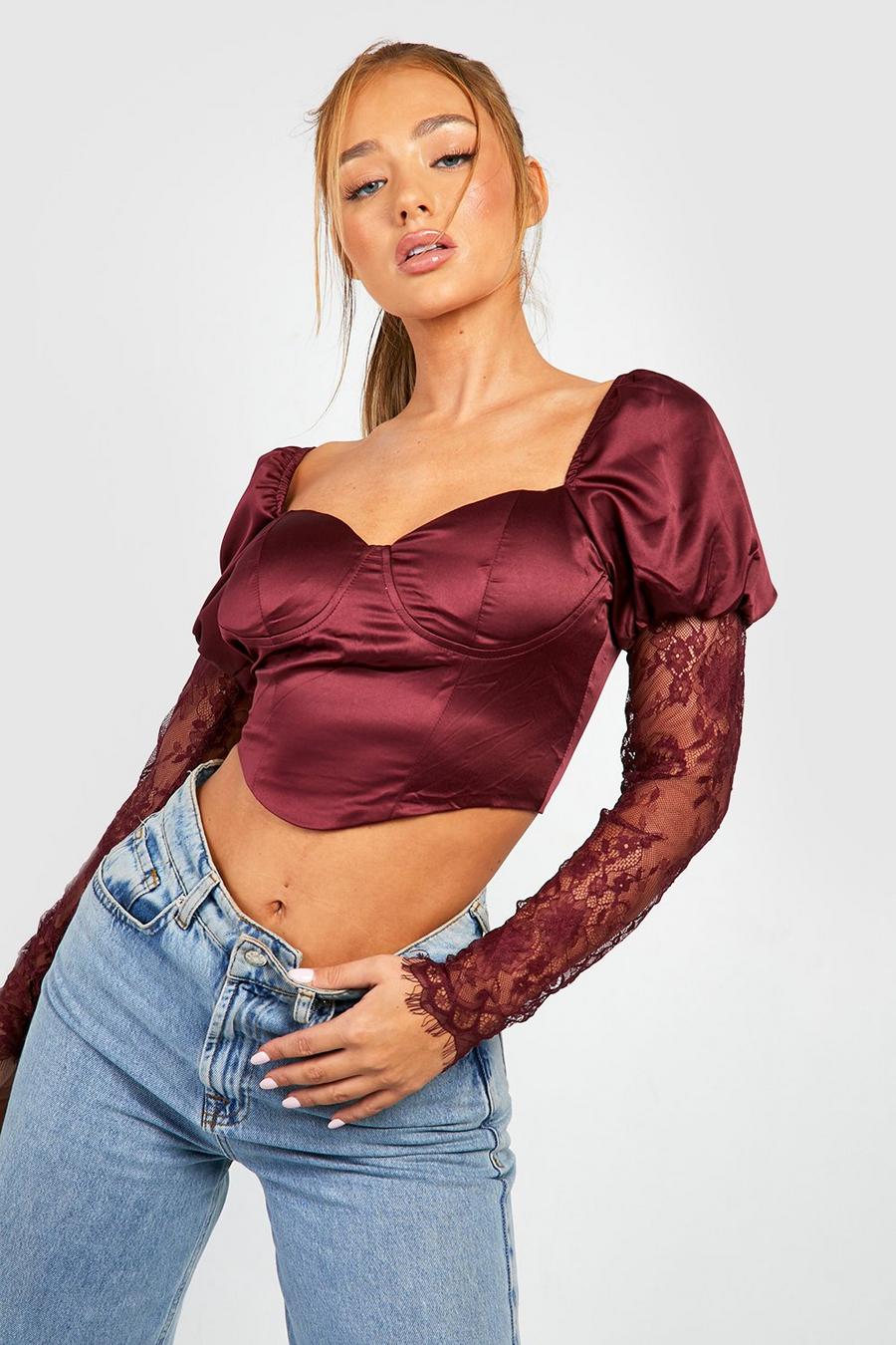 Berry Satin Lace Sleeve Corset Top 