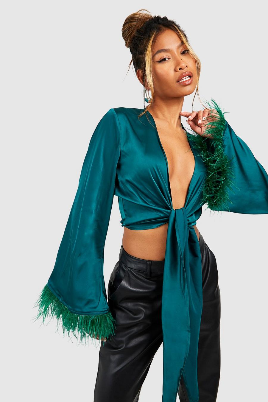 Emerald Satin Feather Cuff Tie Front Shirt