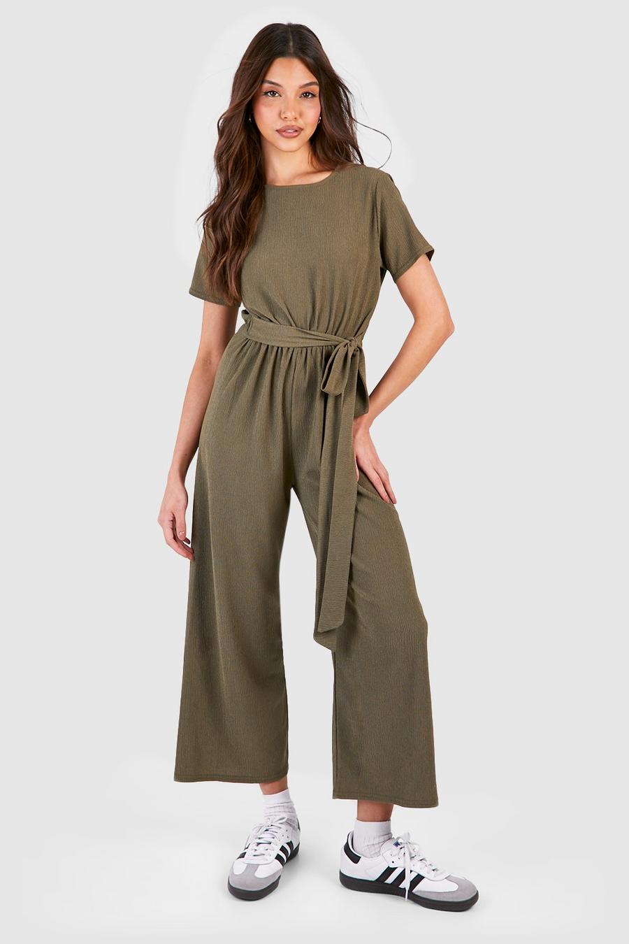 Khaki Short Sleeve Belted Textured Culotte Jumpsuit