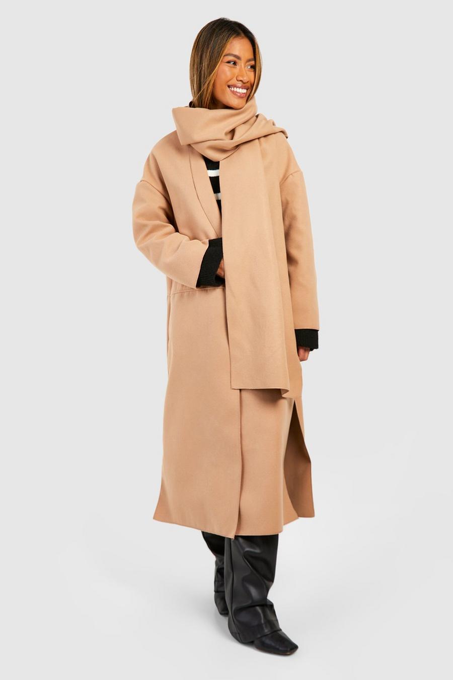 Camel 2 In 1 Scarf Detail Wool Look Midi Coat