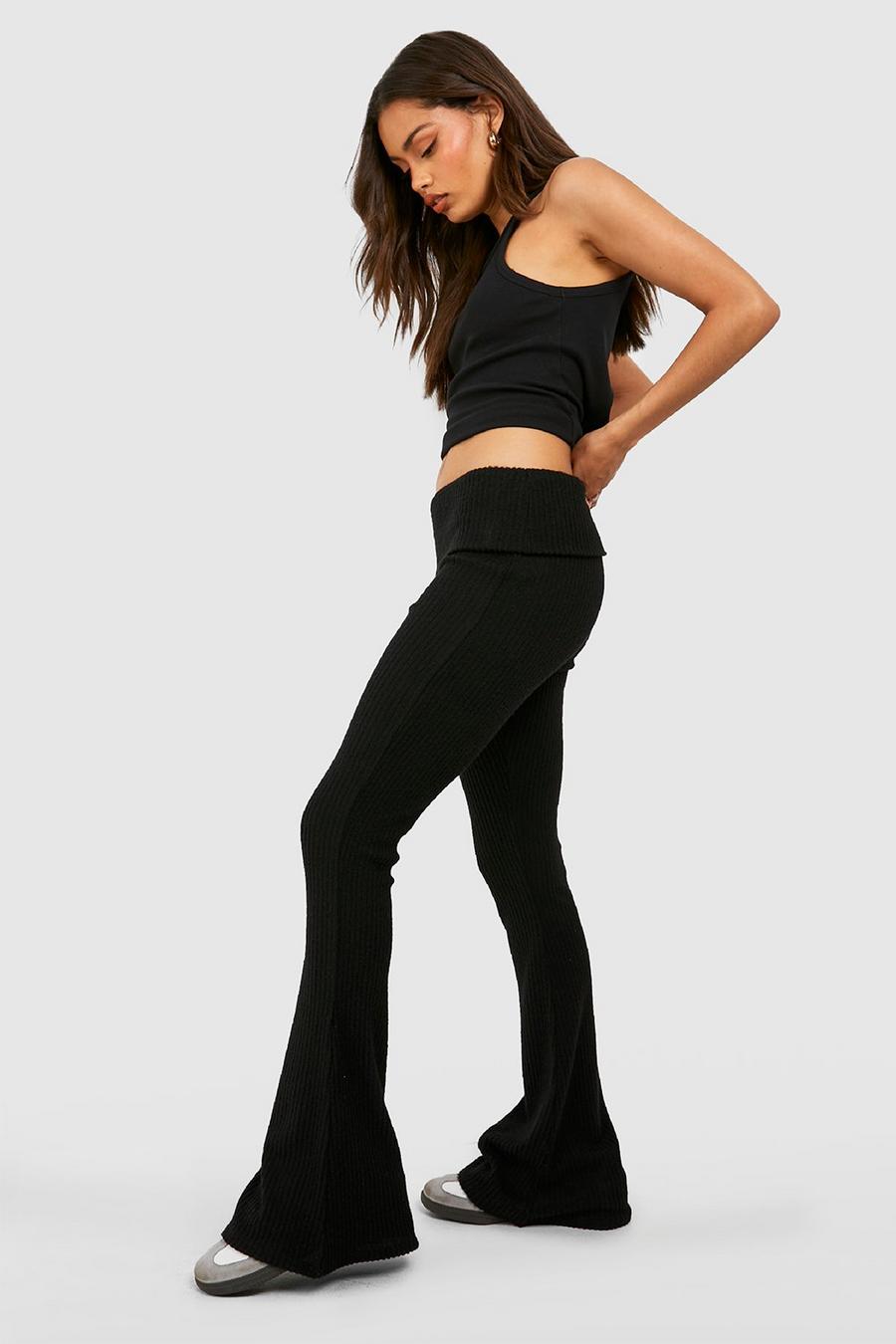 Black Supersoft Cosy Rib Folded Waist Flared Trousers