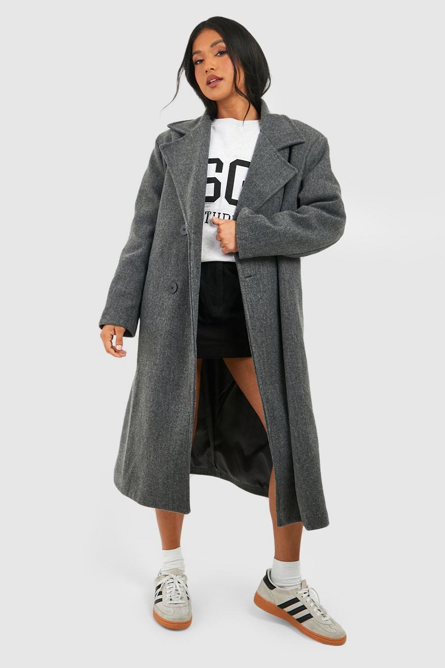 Grey Petite Oversized Shoulder Pad Midi Wool Look Coat