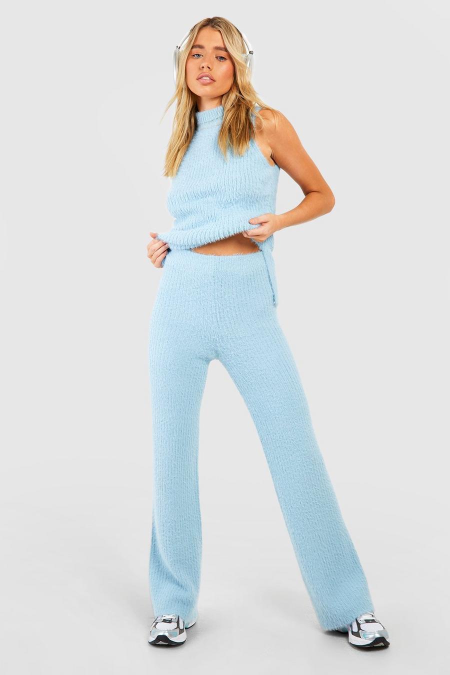 Baby blue Fluffy High Neck Tank Top & Pants