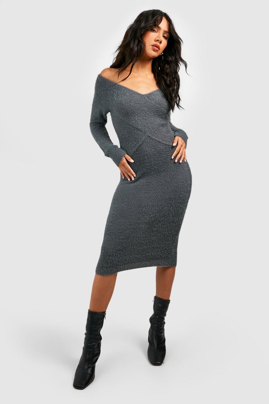 Charcoal Fuffy Cross Off The Shoulder Midi Dress