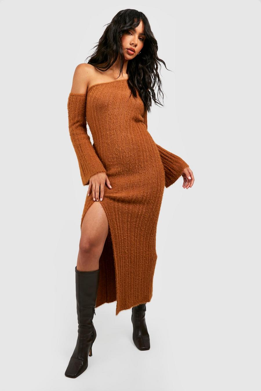 Brown Fluffy Aymmetric One Shoulder Midi Dress