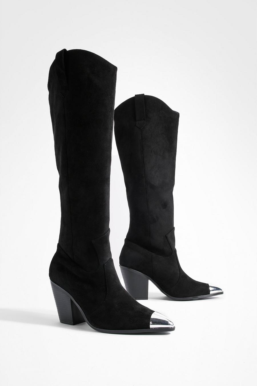 Black Wide Fit Knee High Toe Cap Pull On Western Cowboy Boots