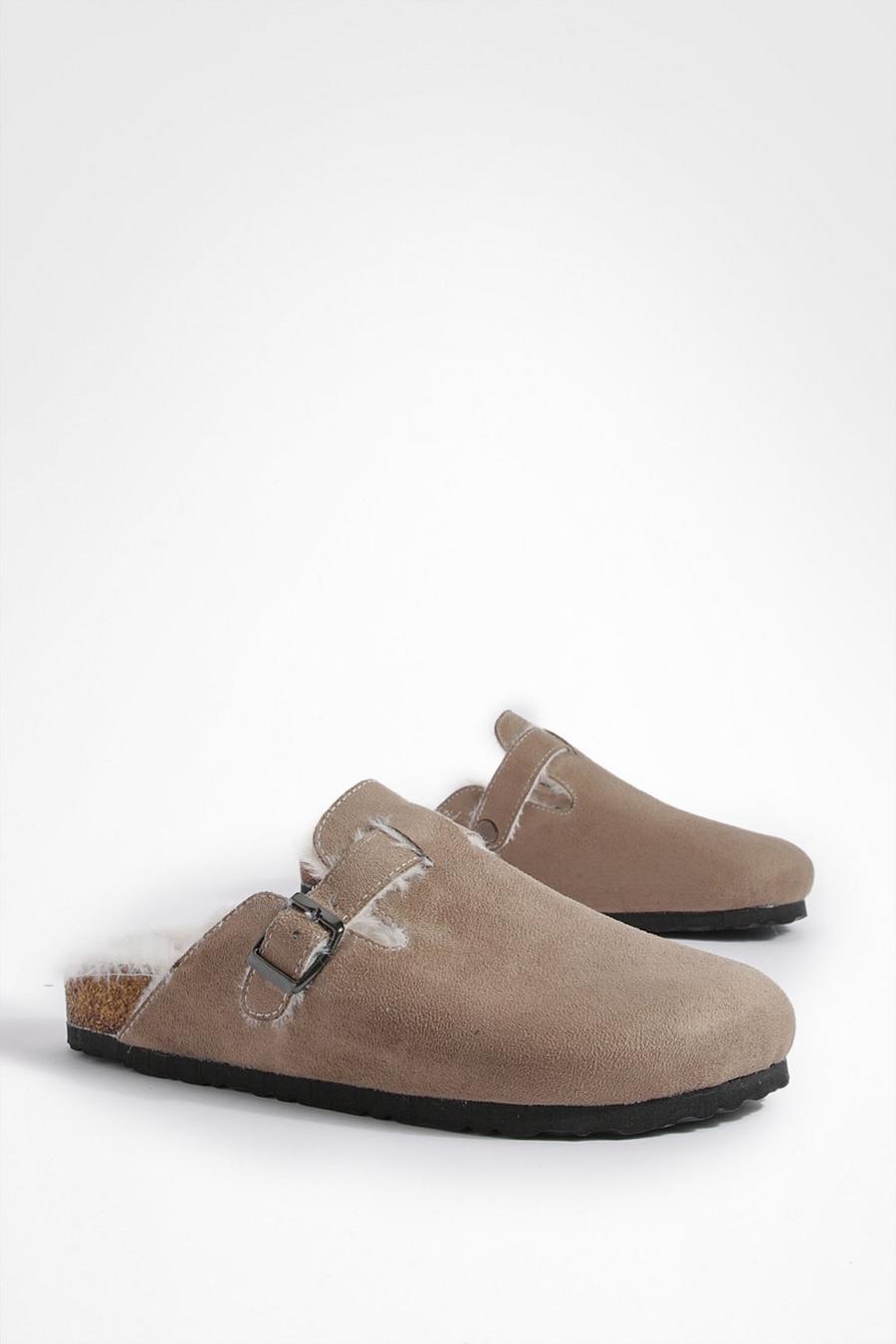 Breite Passform Clogs mit Fell-Futter, Taupe