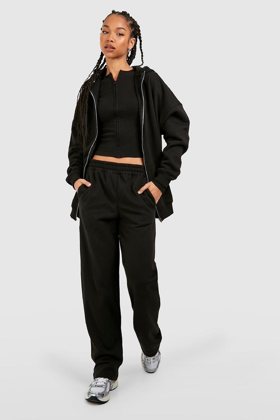 Black Tall Ribbed Zip Crop Top 3 Piece Hooded Tracksuit