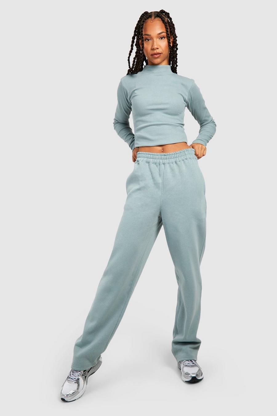 Sage Tall Ribbed Funnel Neck Top And Jogger Set