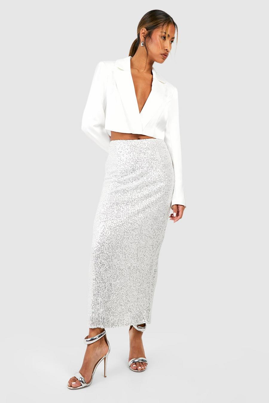 Silver Knitted Sequin Midaxi Skirt