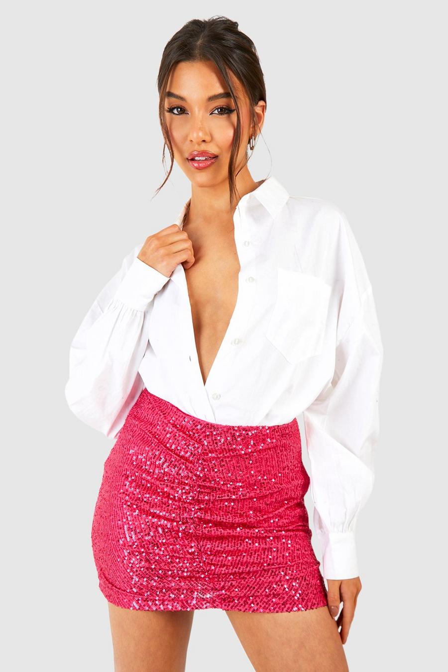 Pink Knitted Sequin Ruched Front Mini Skirt
