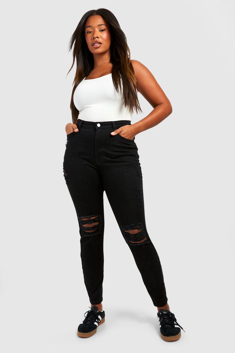Jeans Plus Size a vita alta Skinny Fit con strappi sul ginocchio e smagliature, Black