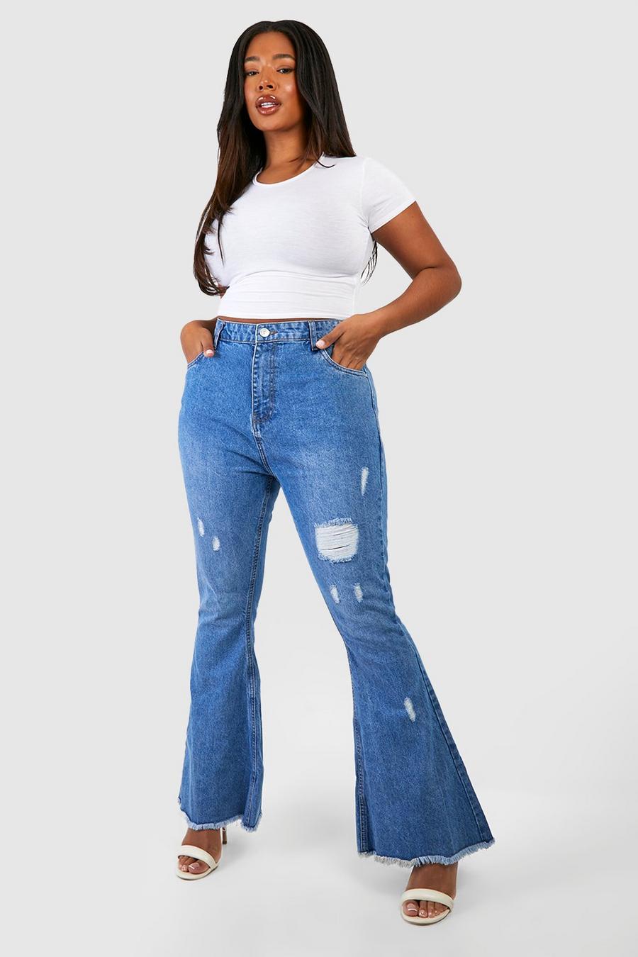 Mid blue Plus Slitna jeans med utsvängda ben