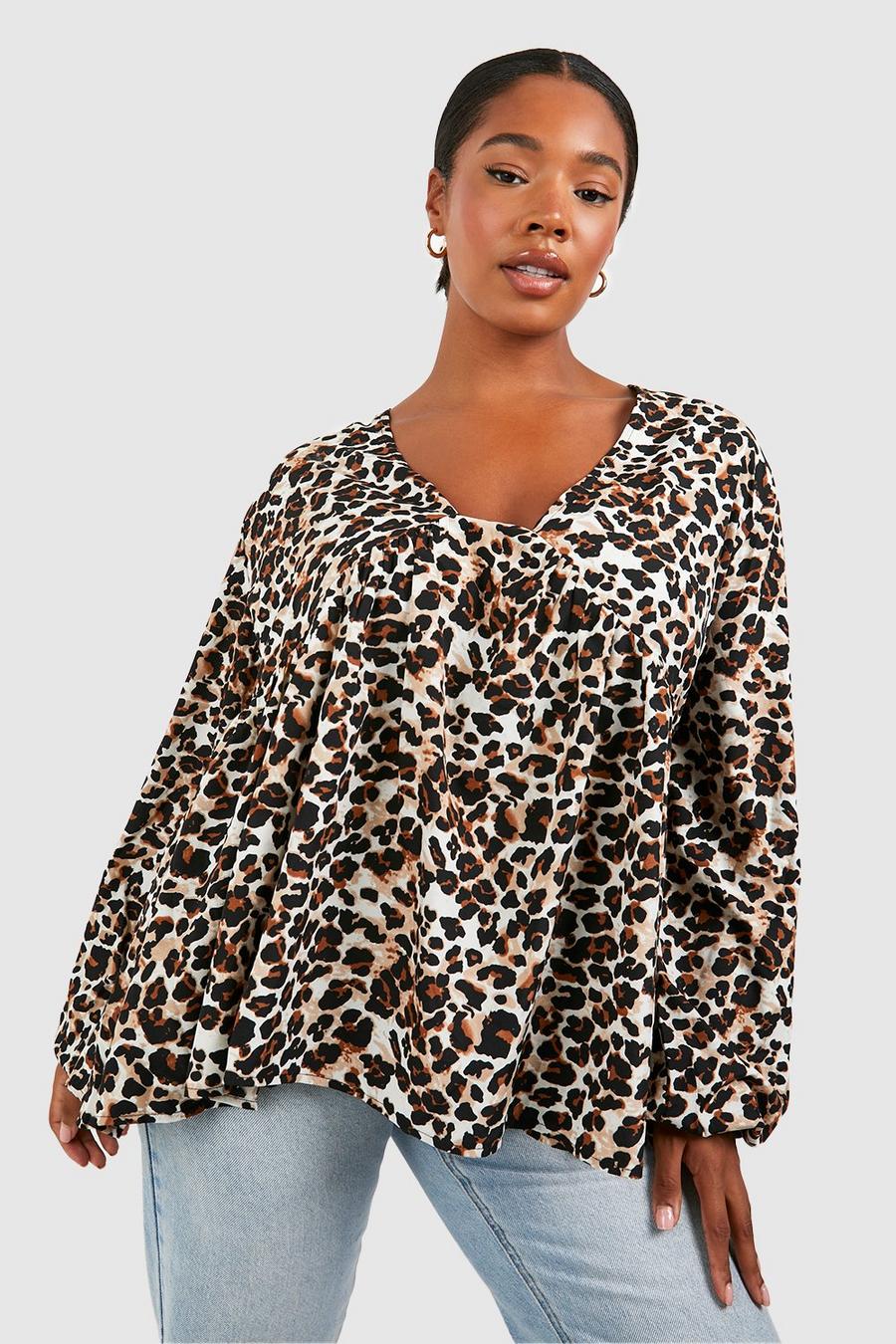 Brown Plus Leopard Long Sleeve Smock Top