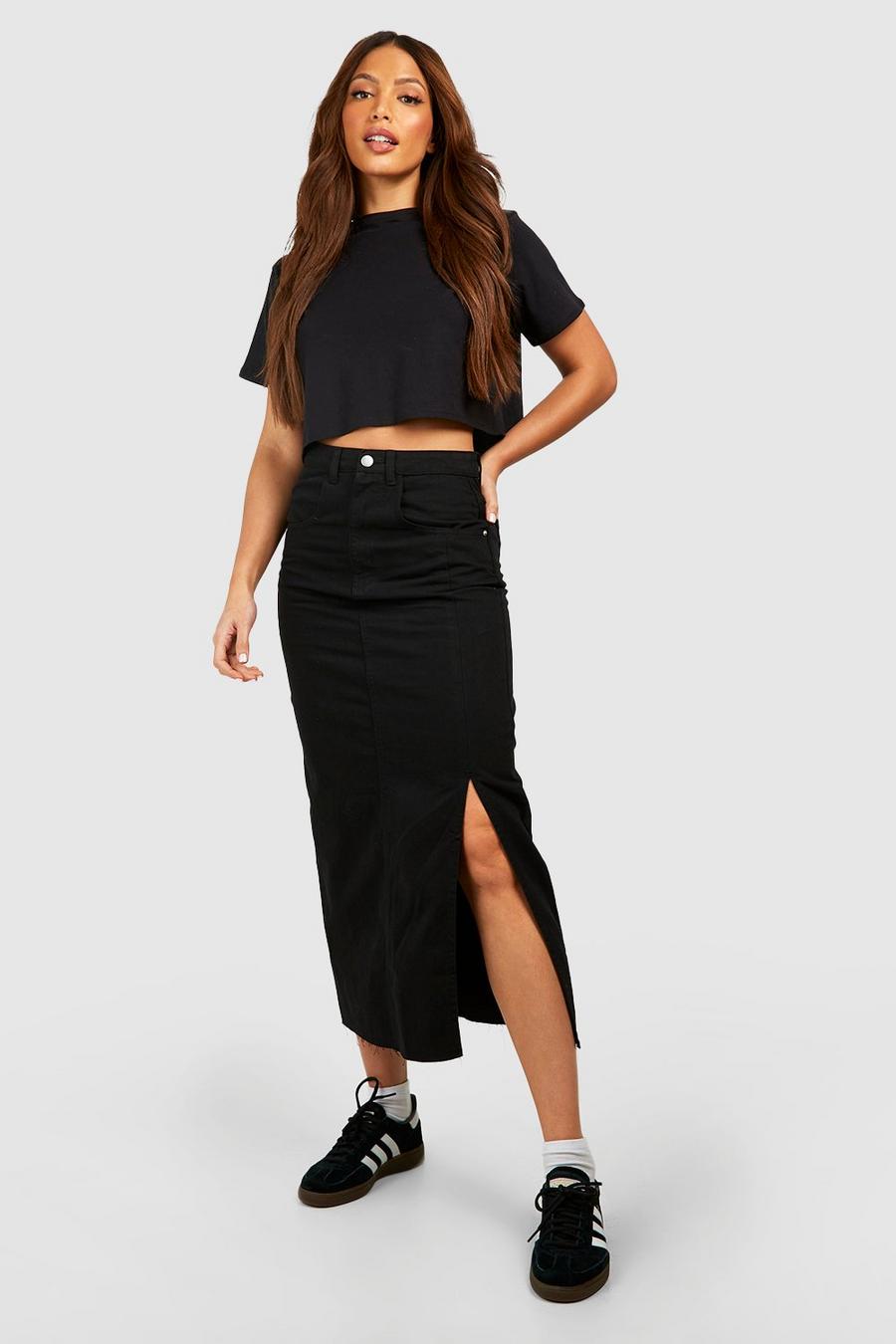 Black Tall Split Side Denim Midi Skirt