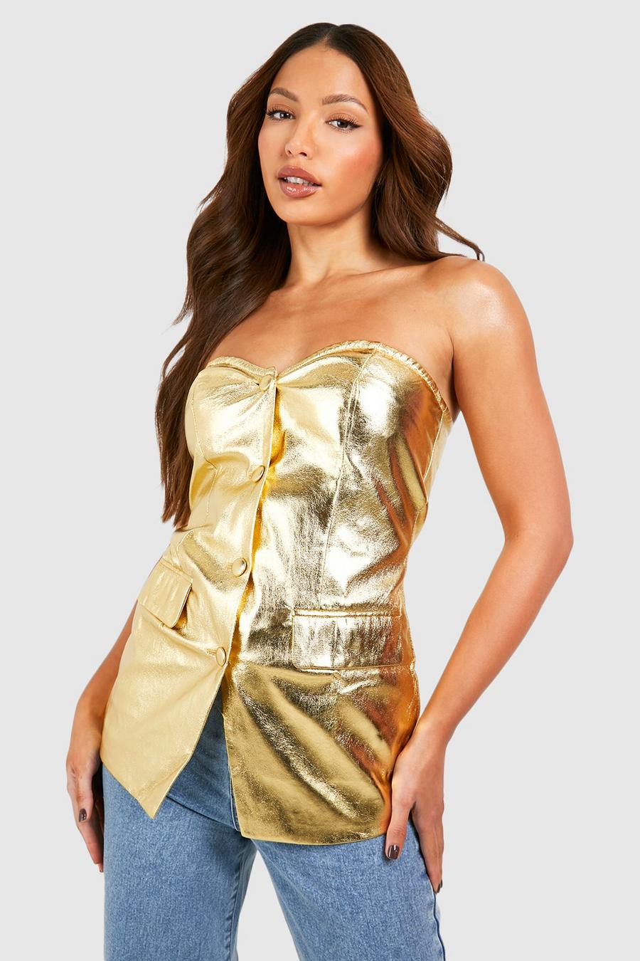 Top smanicato Tall a corsetto a fascia metallizzato, Gold