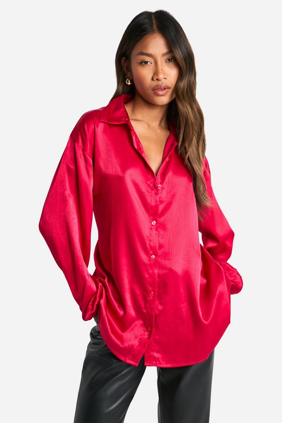 Strukturiertes Oversize Satin-Hemd, Magenta