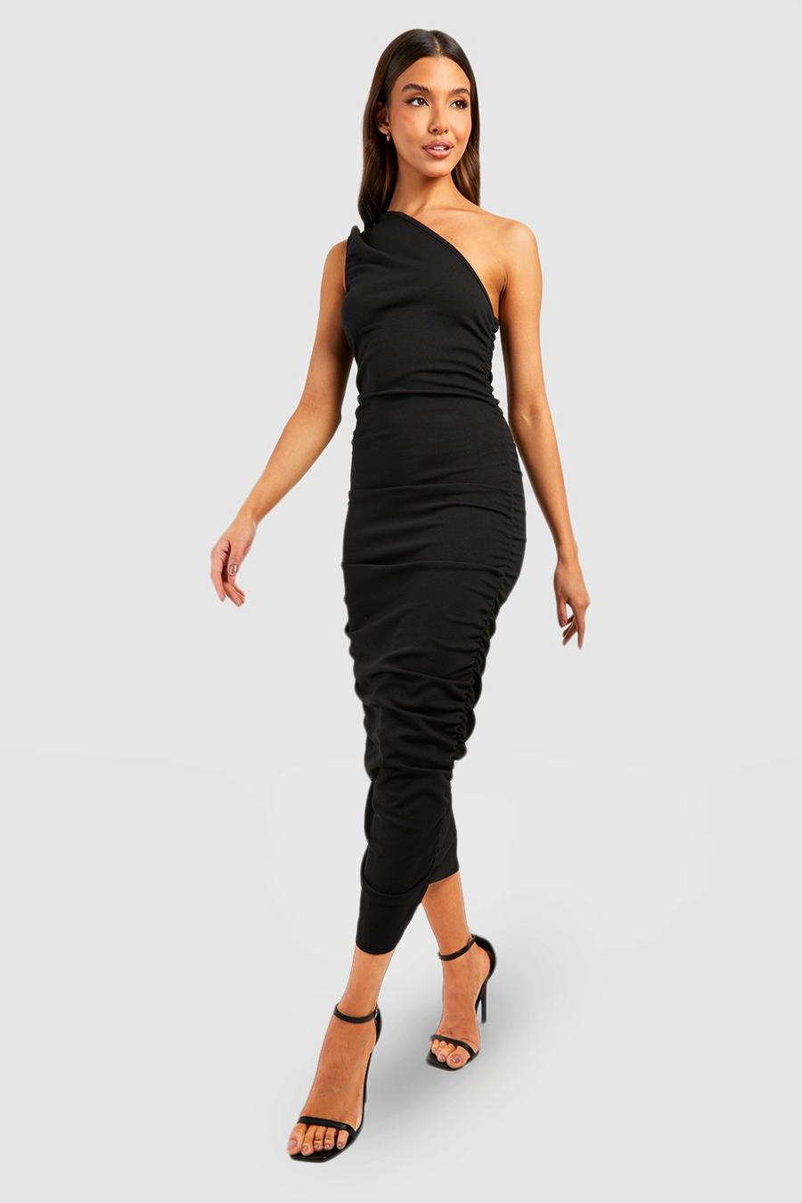 Black Rouched Asymmetric Midaxi Dress