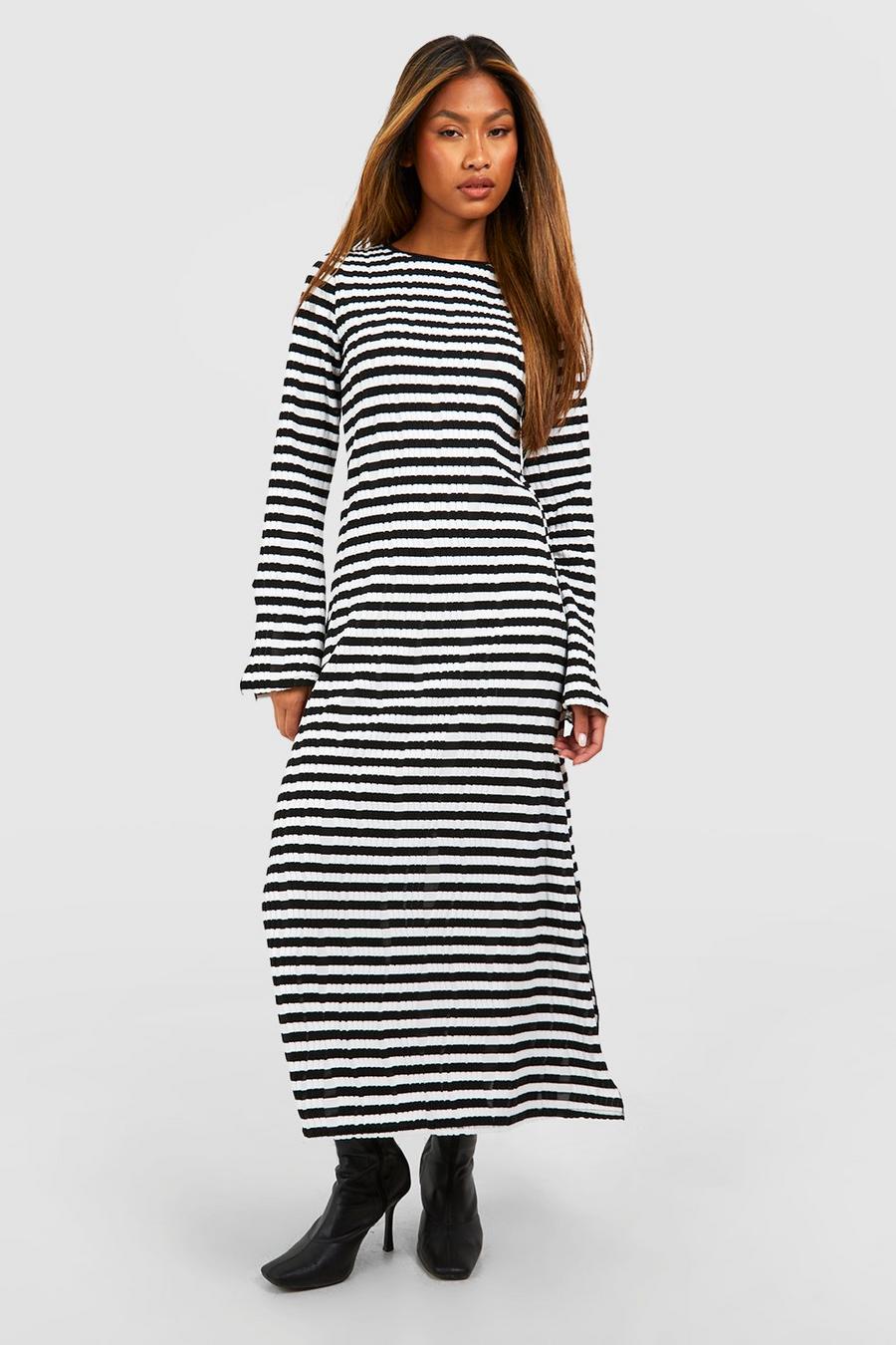 Black Textured Stripe Flare Sleeve Midi Dress image number 1