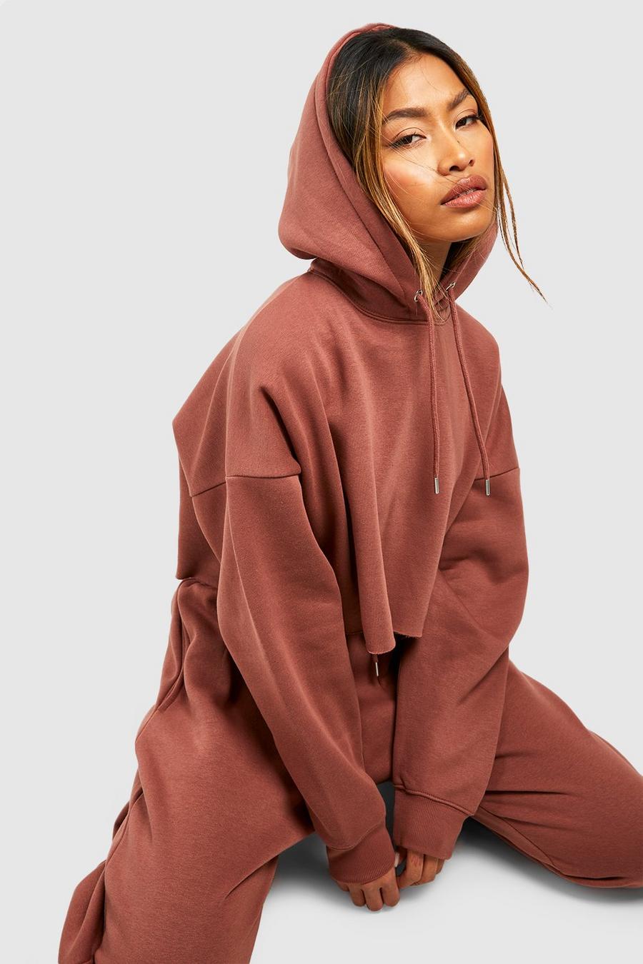 Kurzer Hoodie mit rohem Saum, Mocha