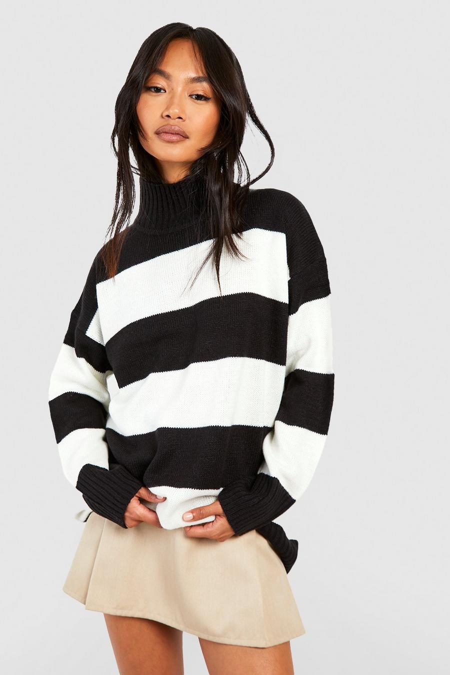 Black Turtleneck Longline Stripe Sweater image number 1