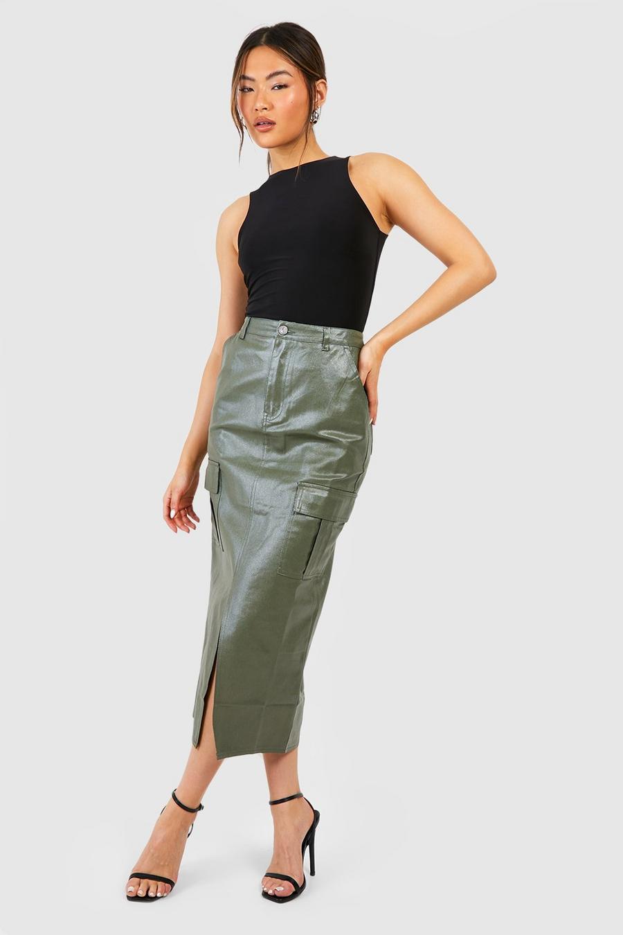 Khaki Pu Coated Cargo Pocket Denim Midi Skirt image number 1