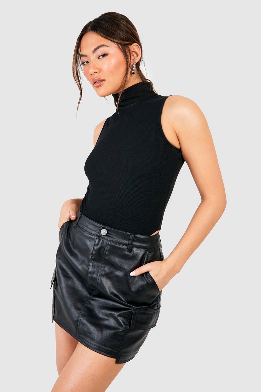 Black Pu Coated Cargo Pocket Denim Mini Skirt