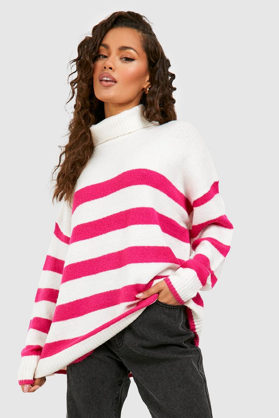 Cerise Bright Turtleneck Stripe Sweater