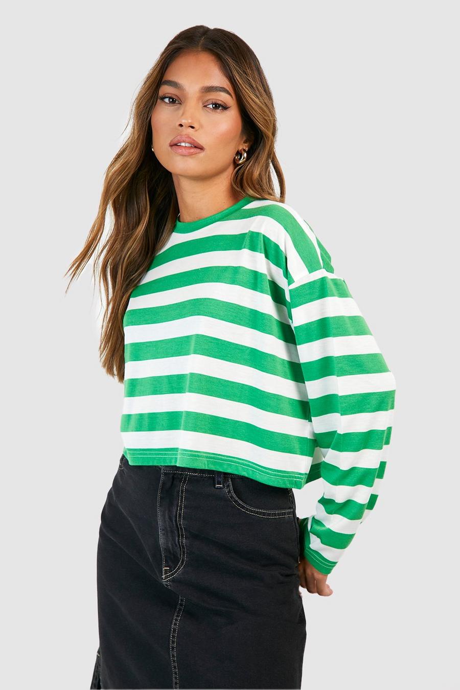 Langärmliges kastiges T-Shirt mit breiten Streifen, Green