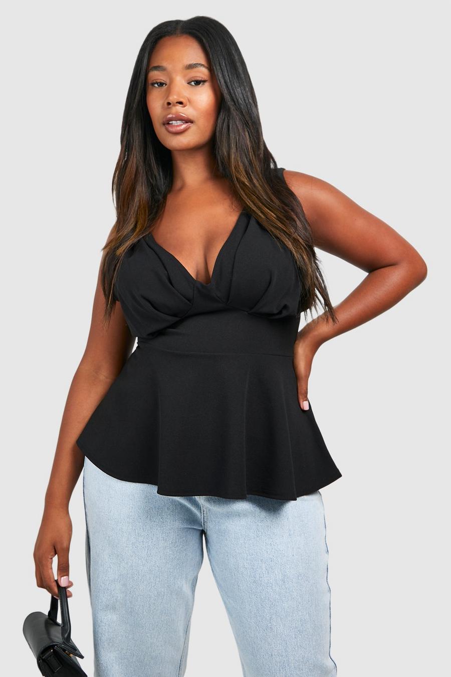 Black Plus Corset Detail Peplum Top