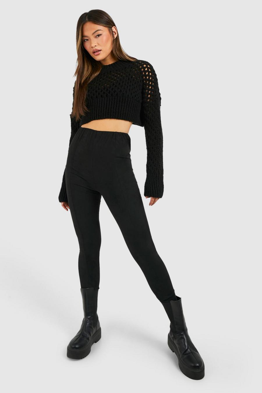 Black Seam Front High Waisted Soft Touch Suedette Leggings