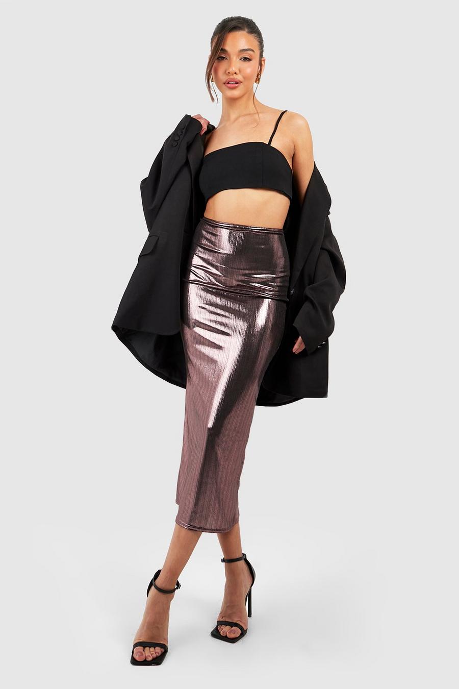 Pink Metallic Foil Midi Slip Skirt