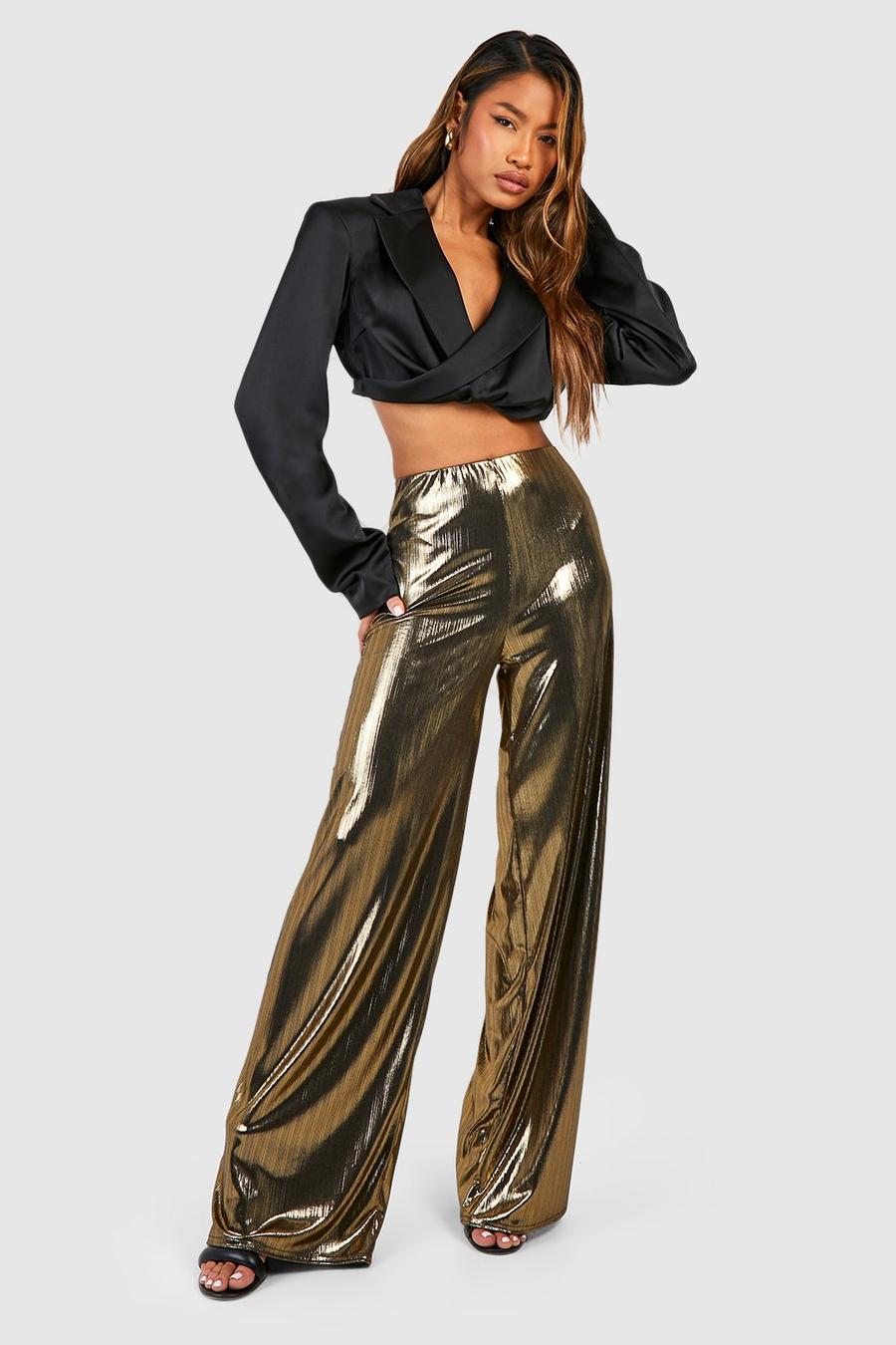 Metallic Folien-Hose mit hohem Bund und weitem Bein, Gold