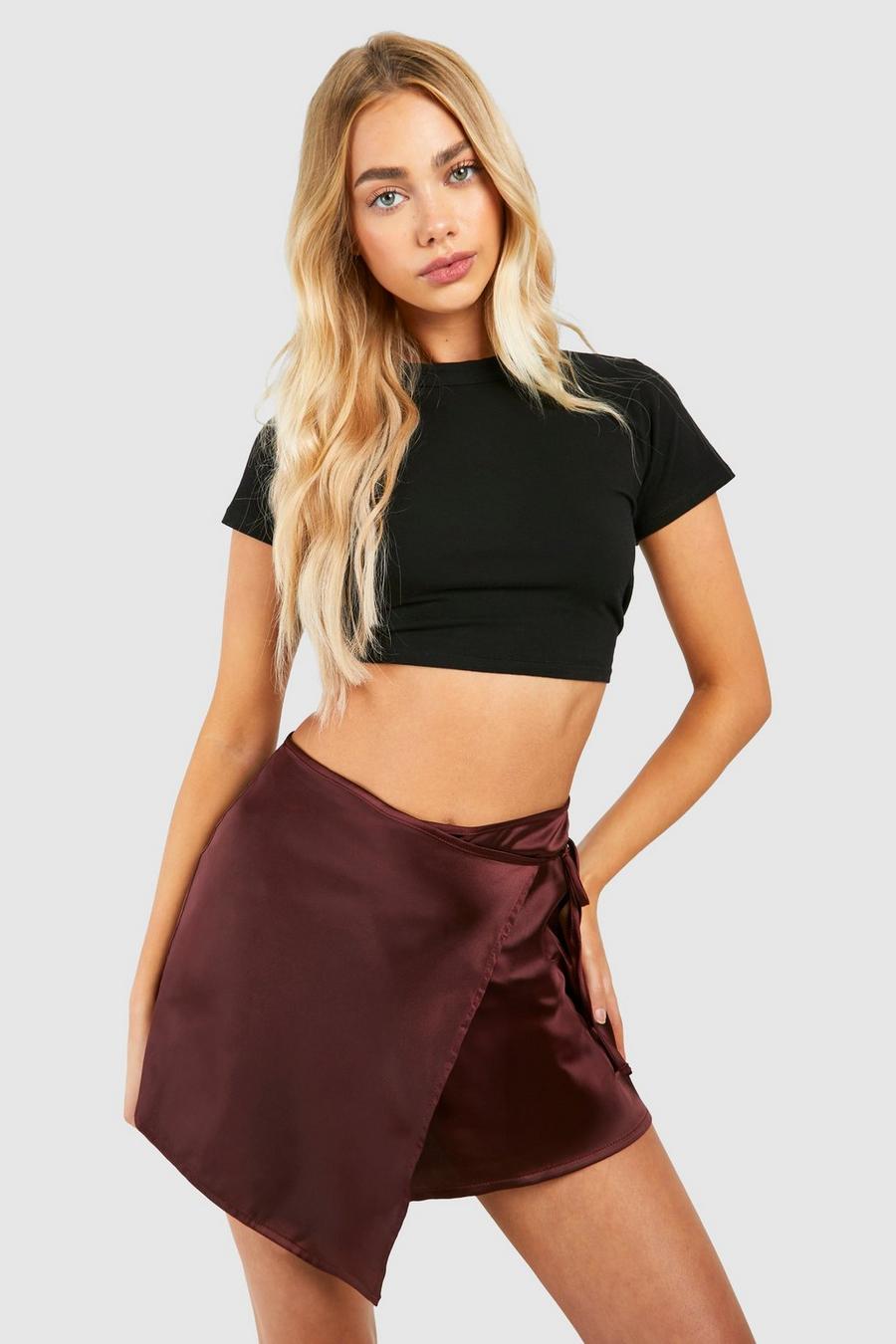 Chocolate Satin Wrap Mini Skirt