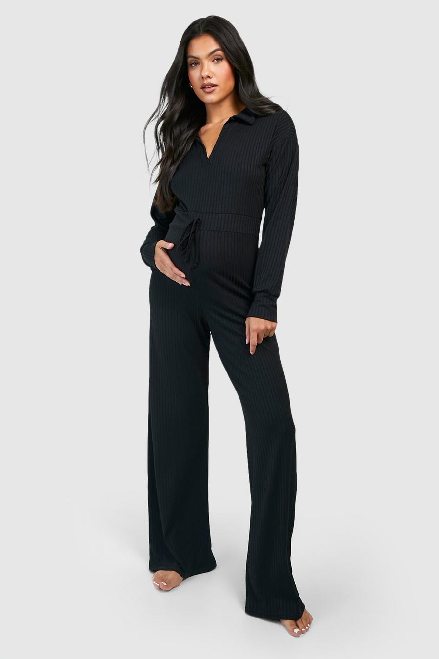 Black Maternity Collared Wide Leg Loungewear Jumpsuit