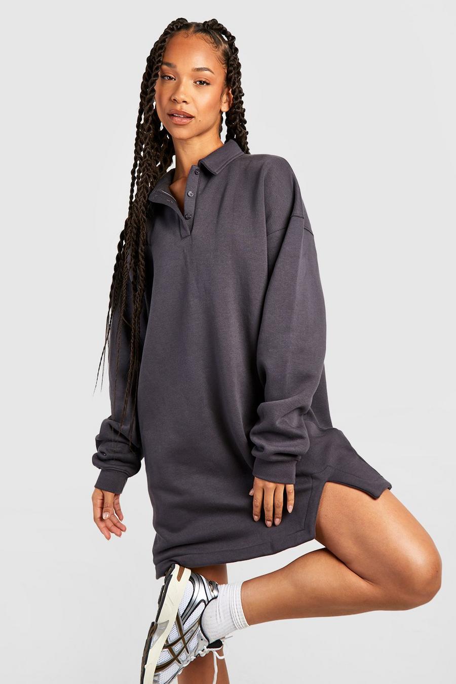Charcoal Tall Rugby Collar Super Oversized Sweat Dress