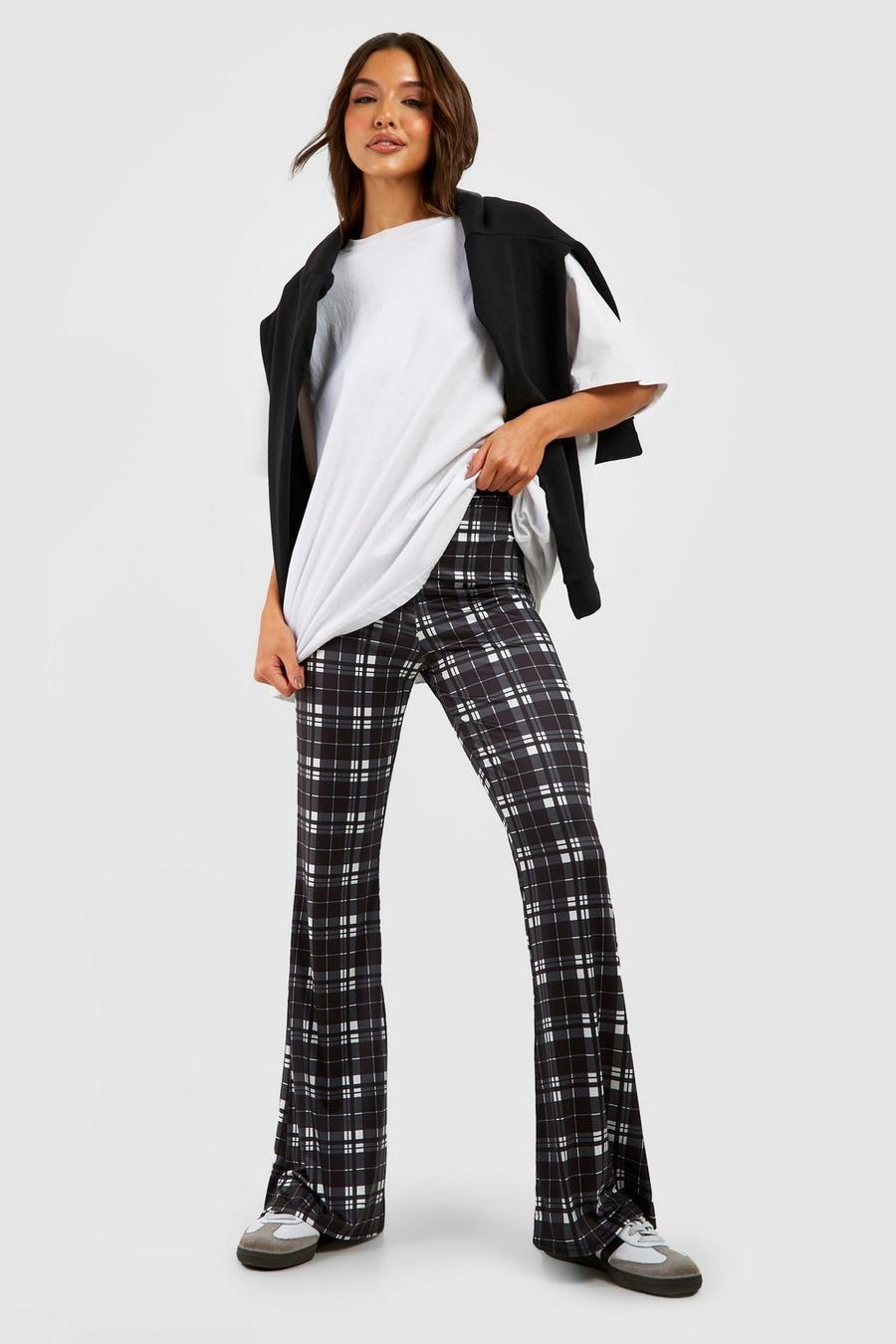 Black Tartan Checked High Waisted Flared Pants image number 1