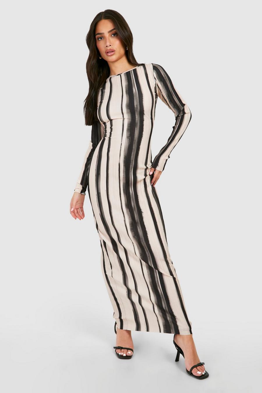 Petite Abstract Stripe Plisse Maxi Dress, Black