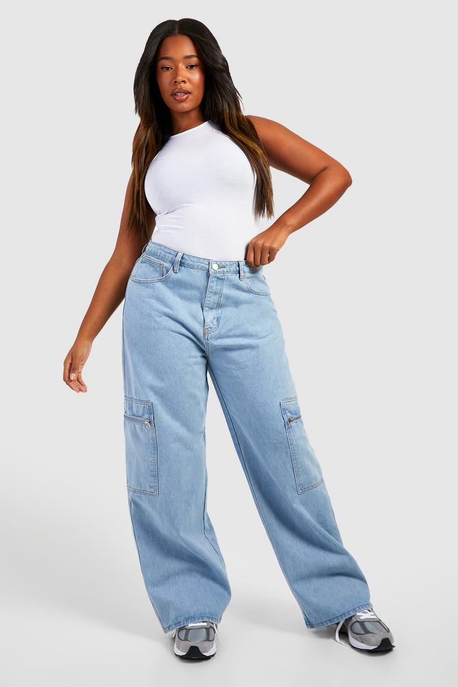 Jeans Cargo Plus Size a vita alta con tasche e zip, Light blue