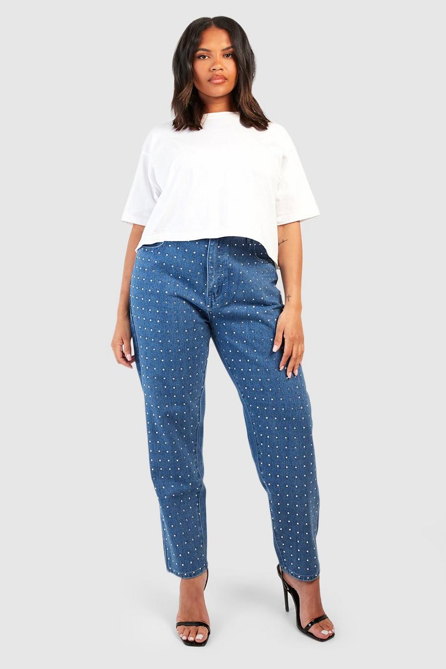 Mid blue Plus Diamante Hot Fix High Waisted Mom Jeans image number 1