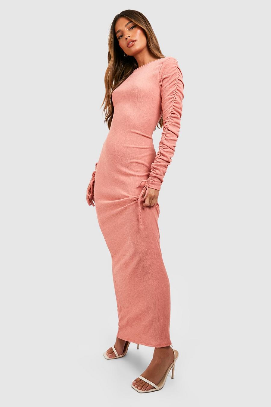 Camel Textured Long Sleeve Ruched Maxi Dress