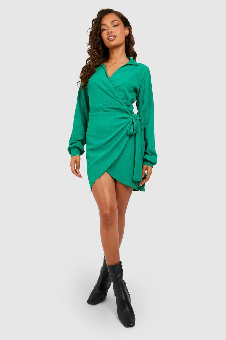 Green Textured Wrap Mini Shirt Dress
