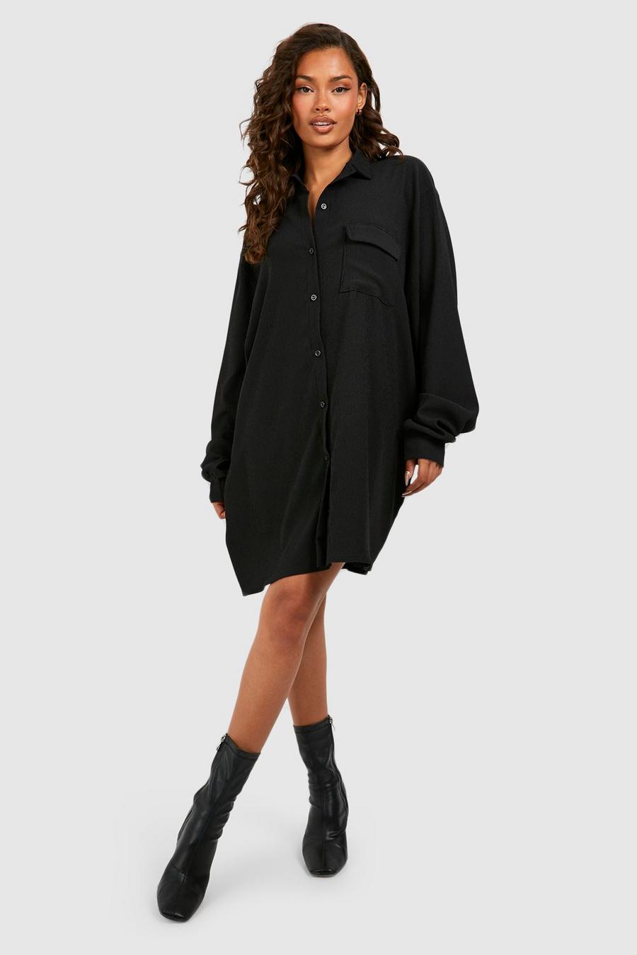 Black Textured Mini Shirt Dress