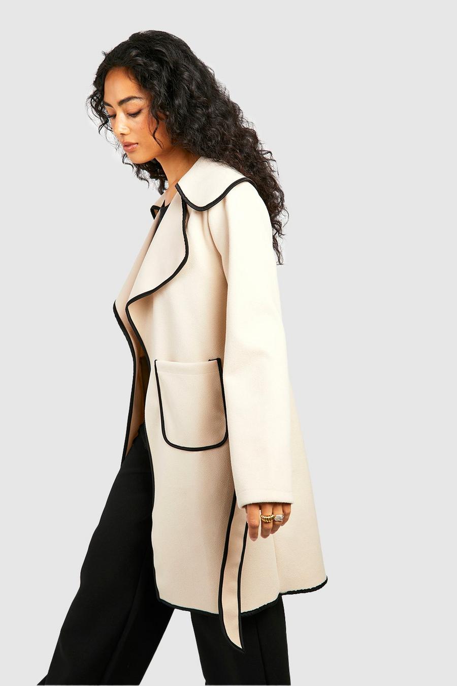 Cappotto effetto lana con cintura e dettagli a contrasto, Stone