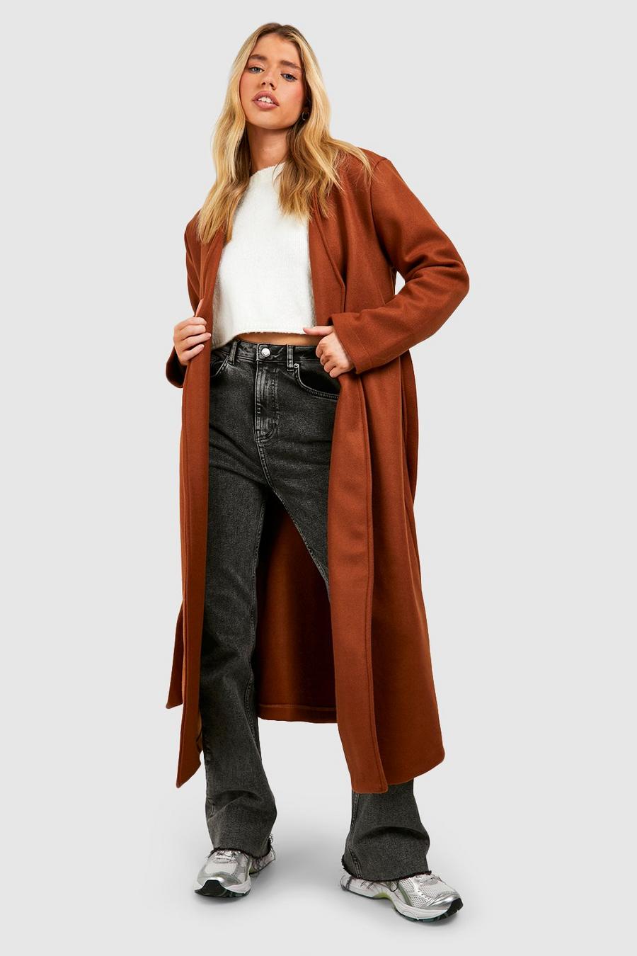 Chocolate Collarless Wool Look Belted Coat