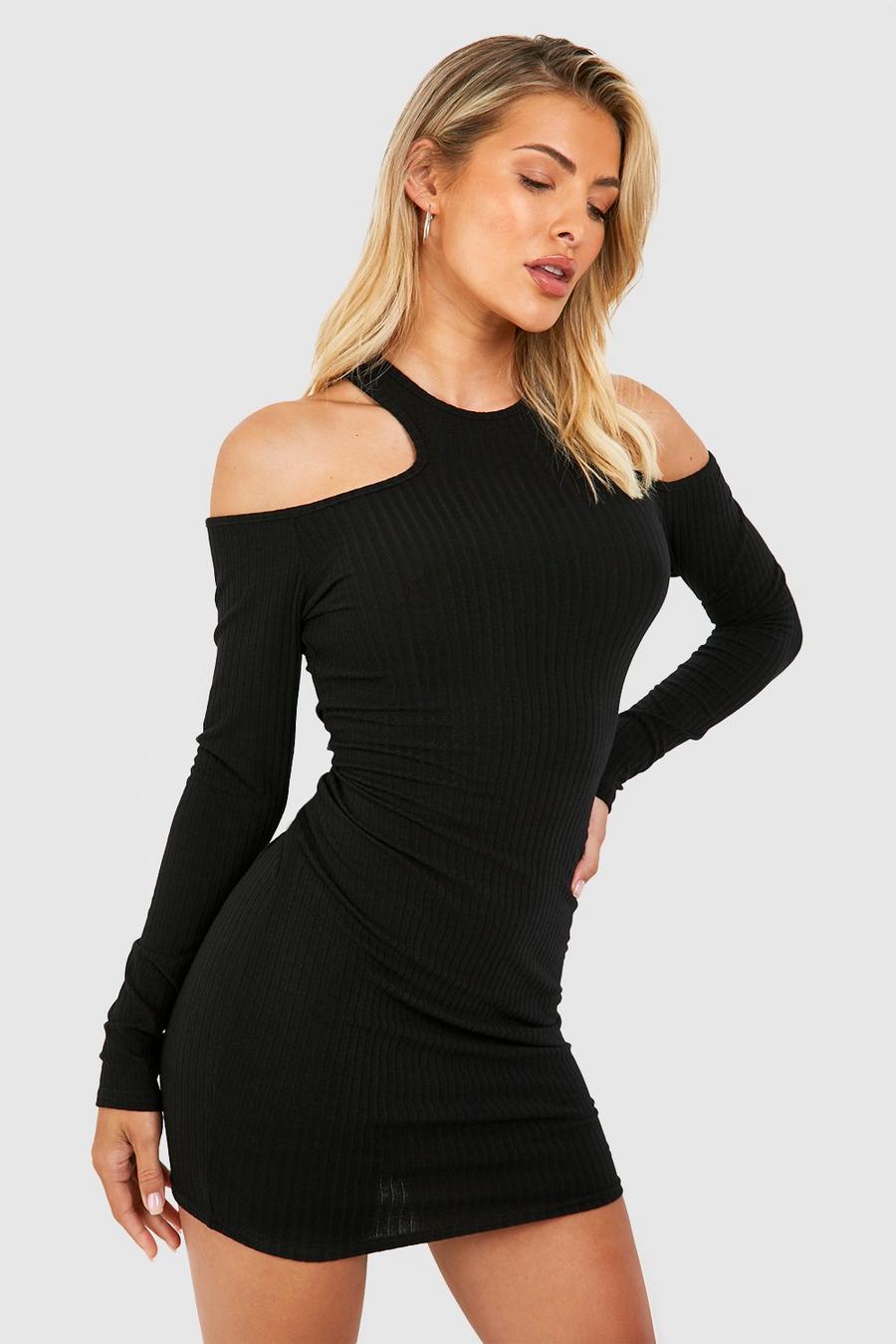 Black Soft Rib Long Sleeve Shoulder Cut Out Mini Dress