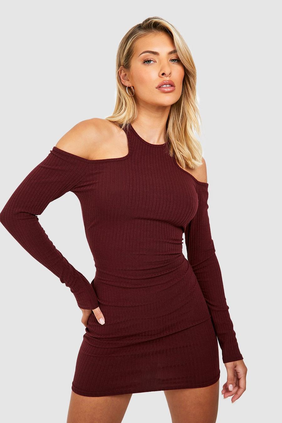 Wine Soft Rib Long Sleeve Shoulder Cut Out Mini Dress