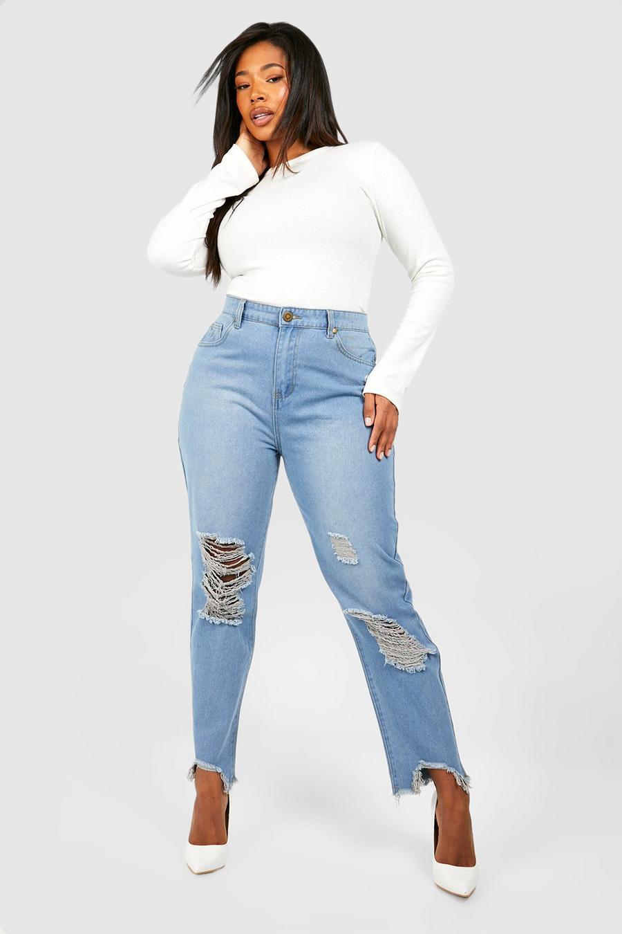 Mid blue Plus Gescheurde Versleten High Waist Mom Jeans