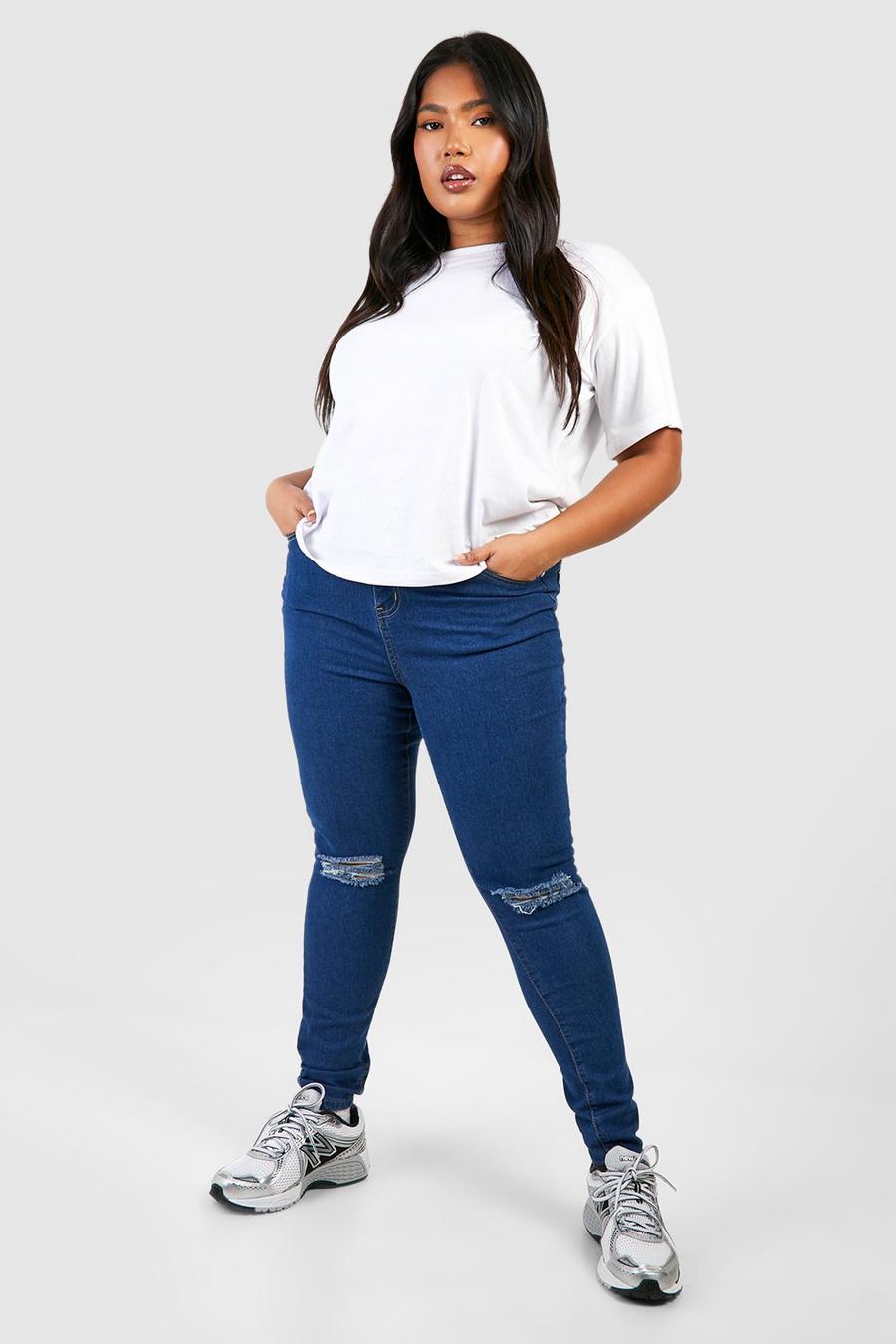 Mid blue Plus High Waisted Distressed Skinny Jeans image number 1