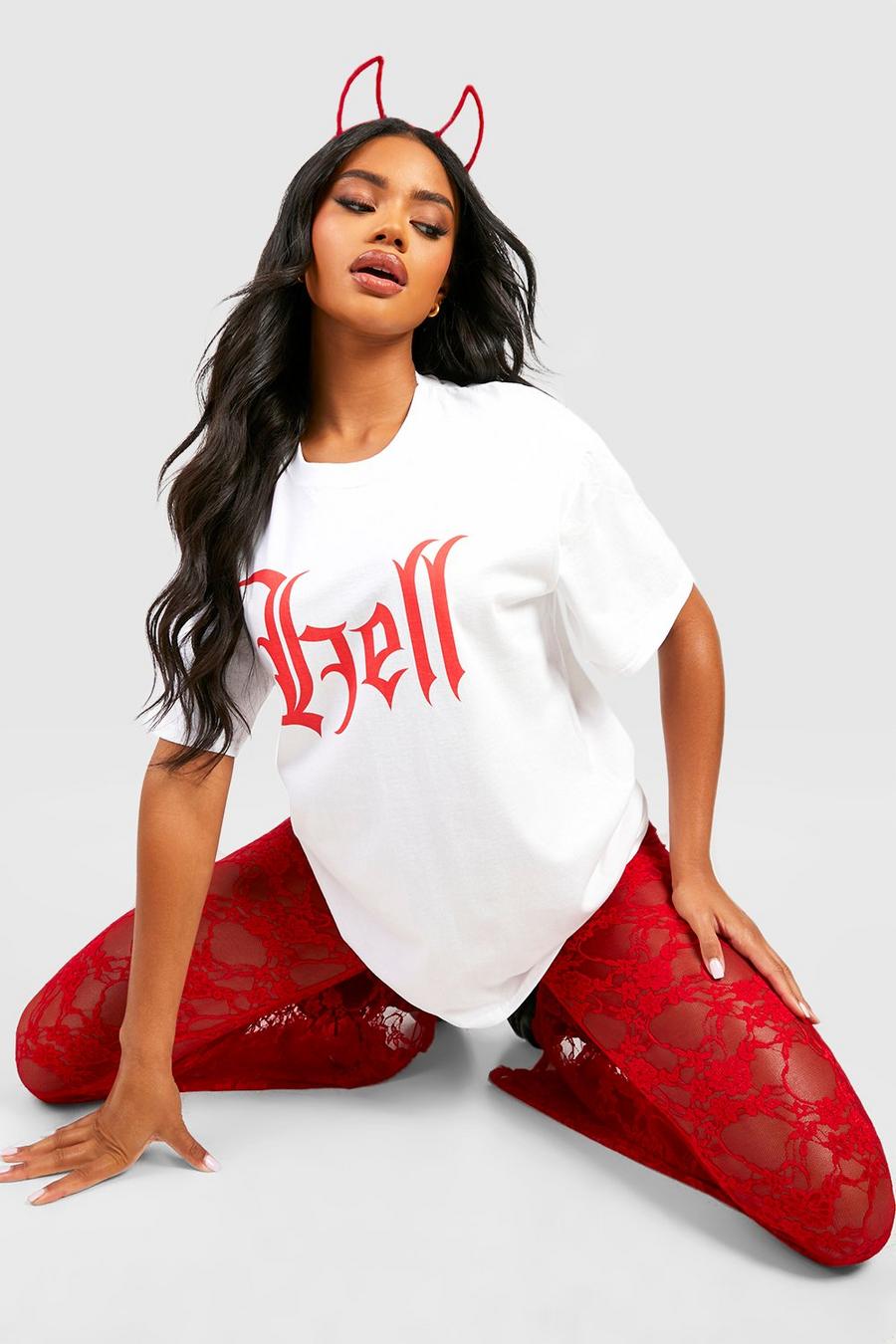 T-shirt di Halloween oversize con stampa Hell, White